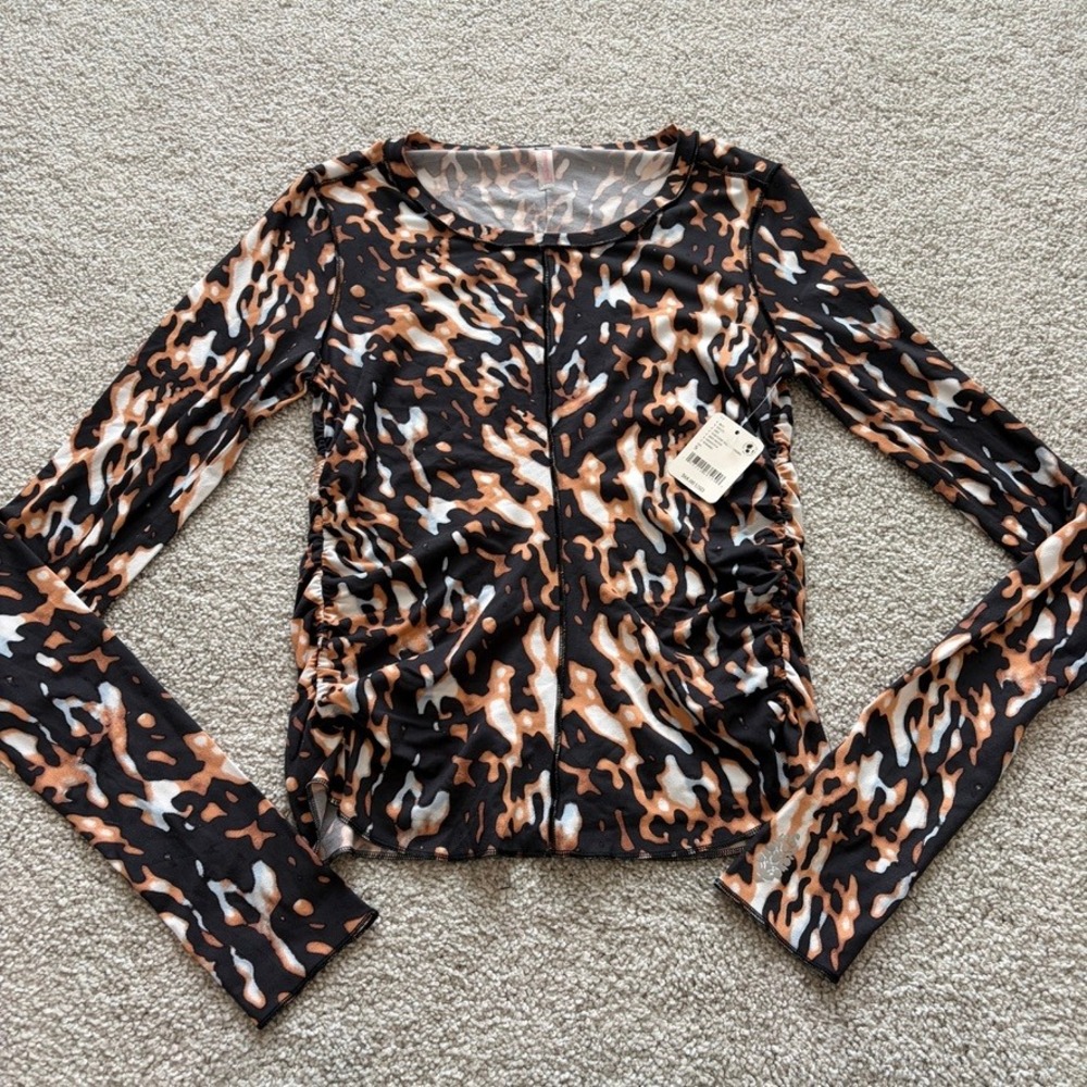Long Sleeve Animal Print Ruched Top - Brown/Black